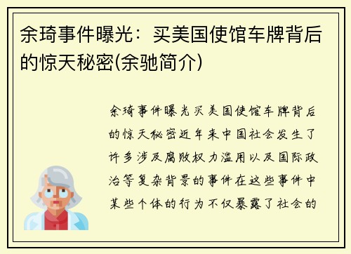 余琦事件曝光：买美国使馆车牌背后的惊天秘密(余驰简介)