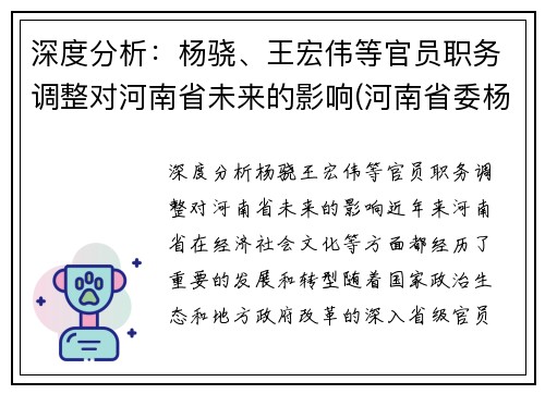 深度分析：杨骁、王宏伟等官员职务调整对河南省未来的影响(河南省委杨晓捷简介)
