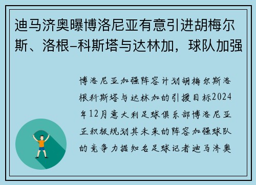 迪马济奥曝博洛尼亚有意引进胡梅尔斯、洛根-科斯塔与达林加，球队加强阵容计划曝光