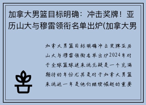 加拿大男篮目标明确：冲击奖牌！亚历山大与穆雷领衔名单出炉(加拿大男篮球员名单)